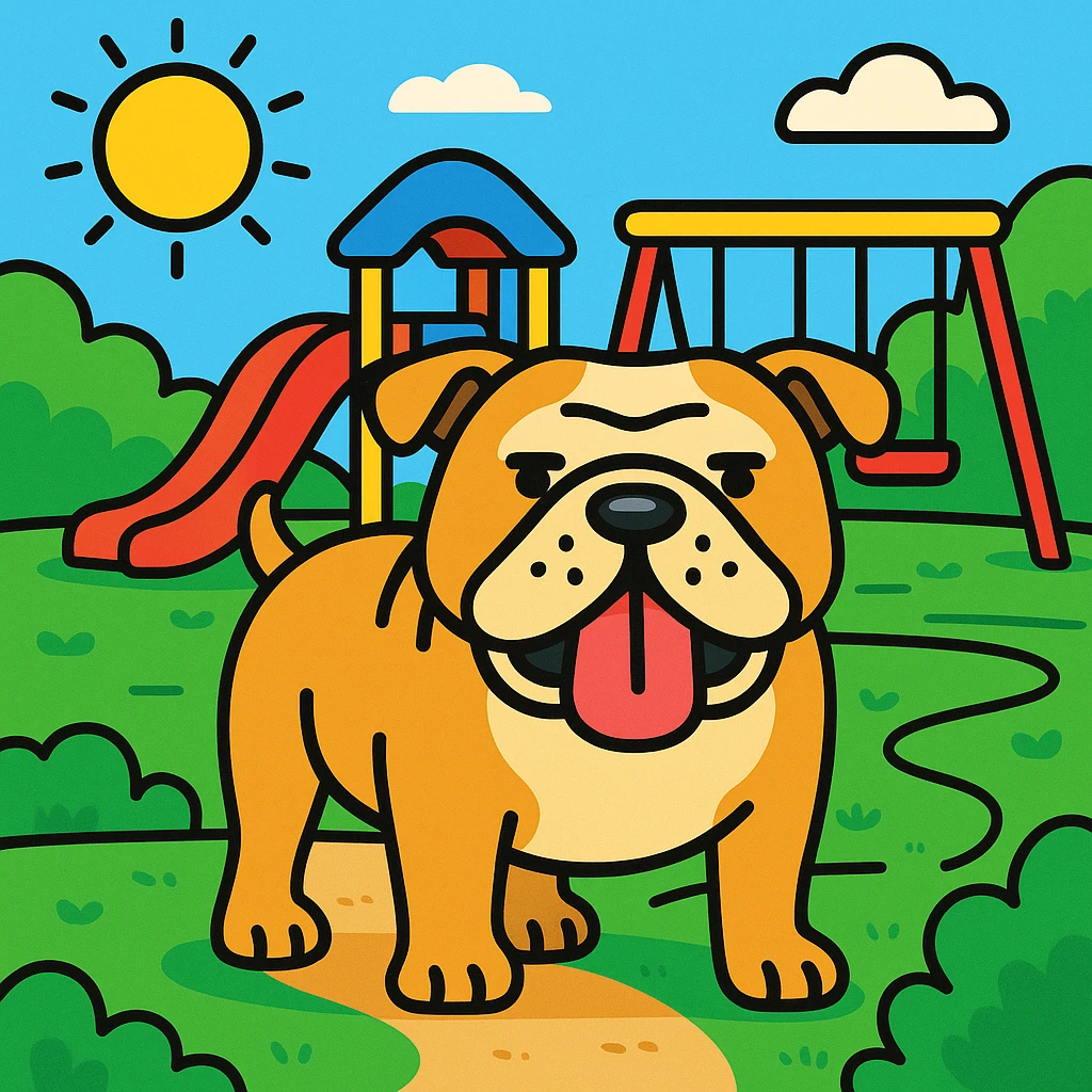 Add a playful background, such as a park or colorful playground, to the standing English bulldog icon in color outline style. emoji