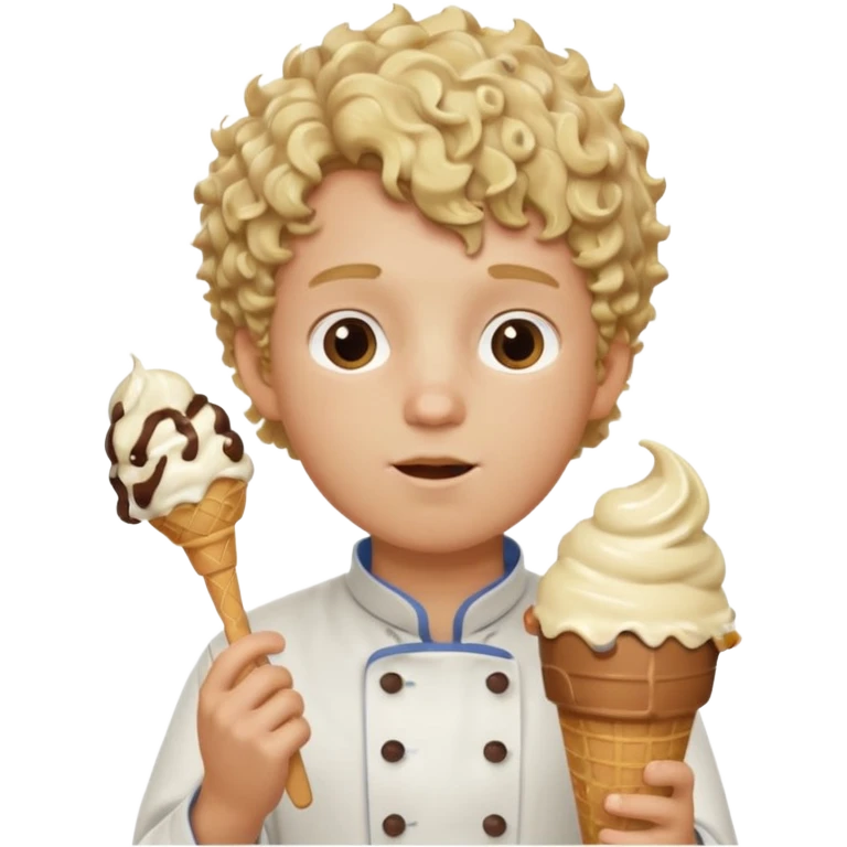 boy blonde curly hair, chef, eating big chocolate ice cream emoji