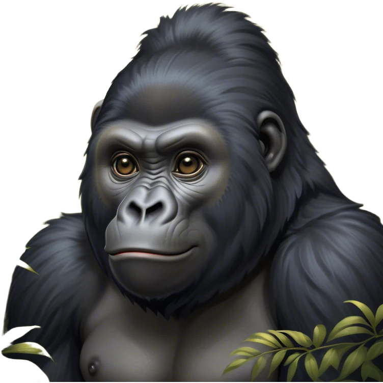 Cinematic Cute mountain Gorilla Portrait Emoji, Head tilted playfully and inquisitively, with a robust build accented by a striking black and grey mane and round, sparkling eyes full of gentle charm, Simplified yet irresistibly adorable features, highly detailed, glowing with a warm, friendly jungle glow, high shine, affectionate and lively, stylized with a touch of endearing primate whimsy, soft glowing outline, capturing the essence of a mischievous yet loving mountain that feels like it could lumber out of the screen into your arms! emoji
