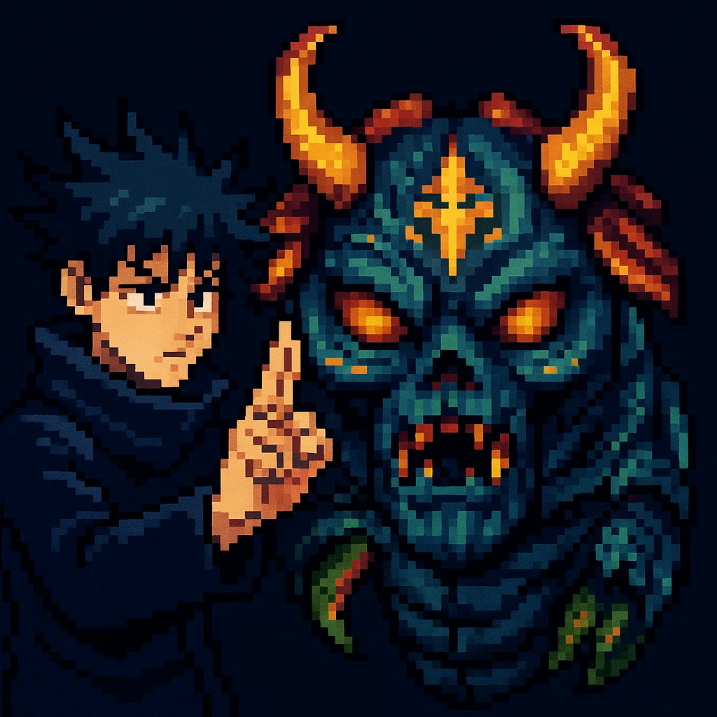 Add Megumi Fushiguro in a summoning pose next to Mahoraga in a pixel art style with a retro video game look, both characters visible. emoji