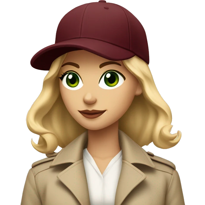 Blonde girl with green eyes in beige trench coat and burgundy baseball cap written Paris on it  emoji
