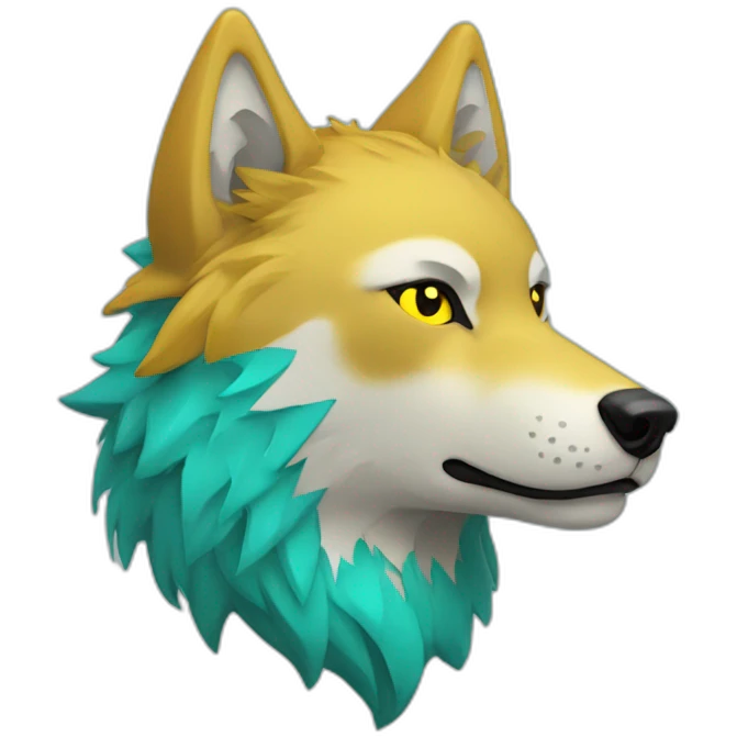Wolf head with a yellow star paint on his right eye and a turquoise mullet emoji