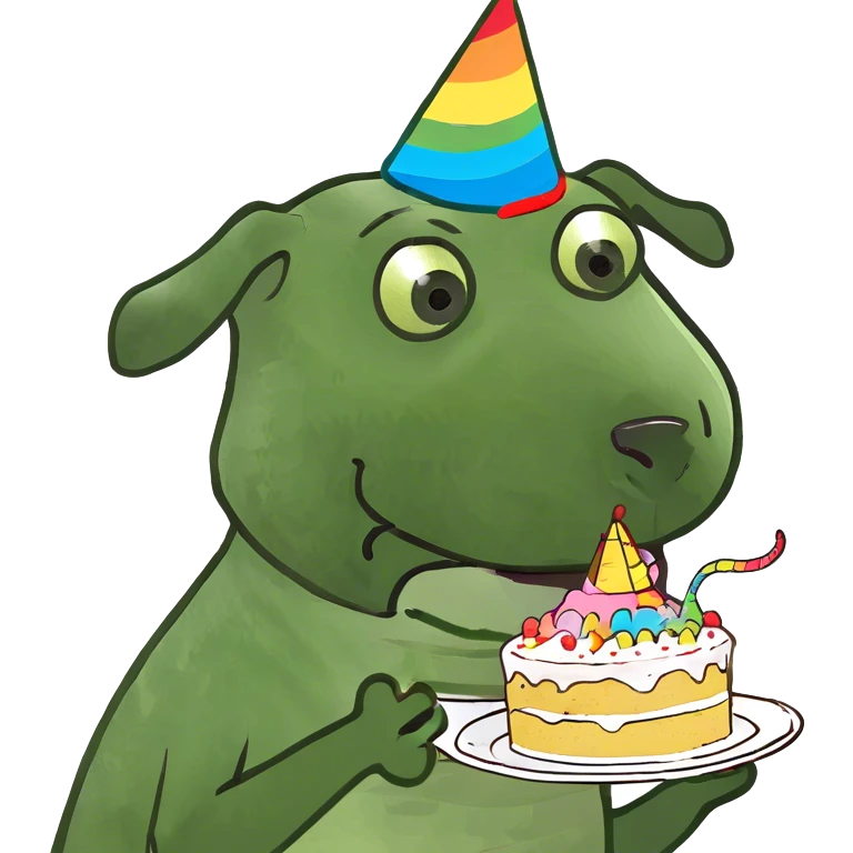 Dog eating cake with rainbow emoji