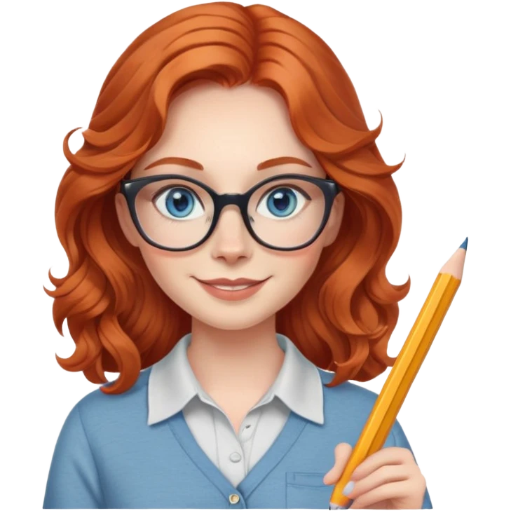 redheaded woman with long wavy hair, blue eyes, cat-eye glasses, casual outfit, holding a pencil, smiling emoji