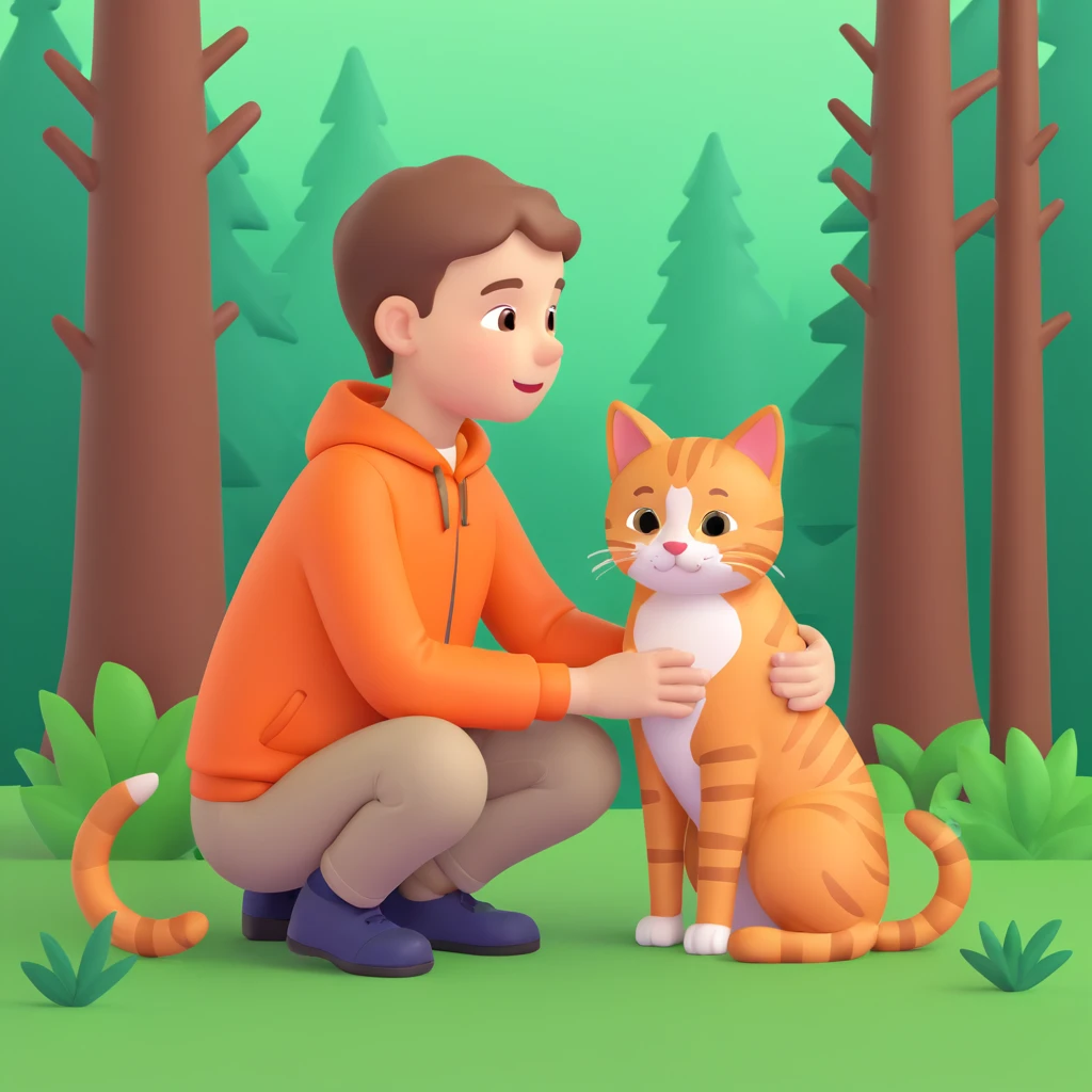 boy and cat pet in forrest background, close up pose emoji