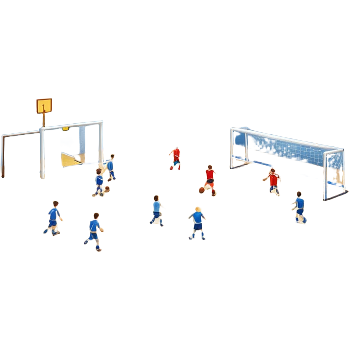 A mini-football match in an indoor sports hall with wooden flooring and clear field markings. The scene shows a vibrant game in action, with players positioned on the court, the goalposts visible, and the atmosphere filled with energy and focus. emoji