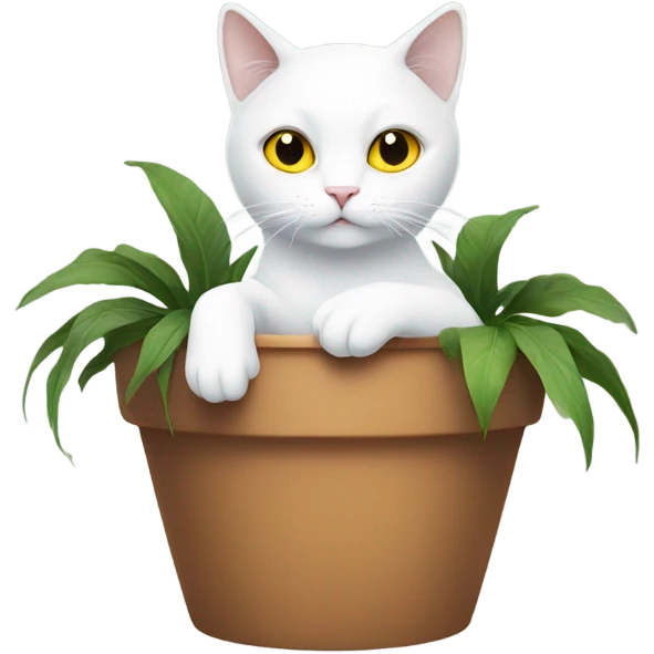 White cat with yellow eyes sitting in a plant pot emoji