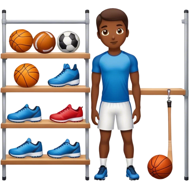 a person standing next to a shelf where sports equipment is placed emoji