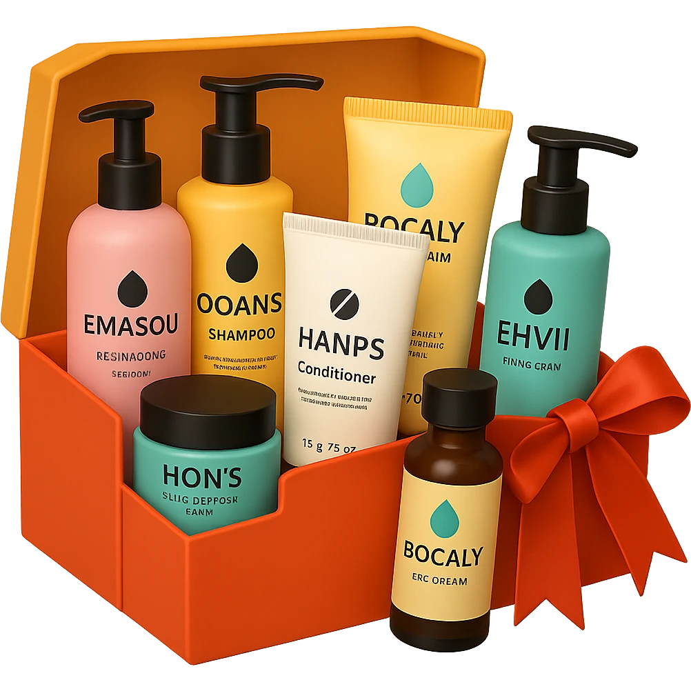 emoji of Gift box with beauty products (shampoo, creams, styling products), a gift box is beautyful open box full of luxury brand-labeled beauty products, with no background, different box shape emoji
