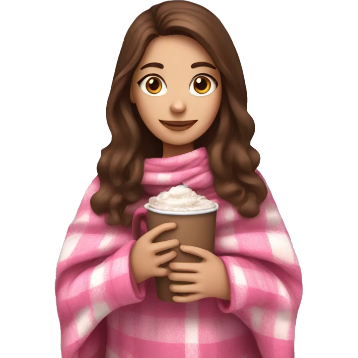 Brown haired girl in a pink checkered blanket holding a hot chocolate  emoji