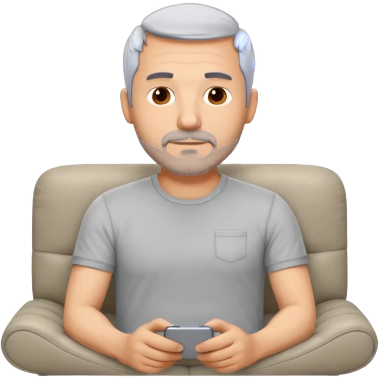 a 50 year man, short grey hair, stubble beard, laying on a ottoman of a light grey cord sofa, front view emoji