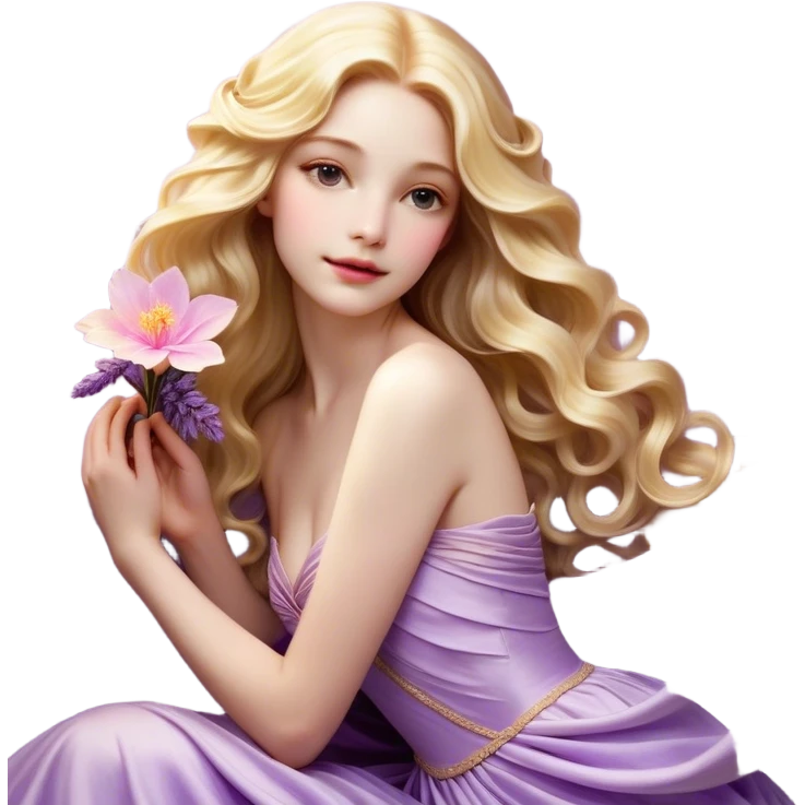Cinematic Realistic Rapunzel Portrait, with porcelain-like skin featuring a subtle, natural glow, illuminated by soft lighting that brings out the gentle contours of her face. Her long, golden blonde hair cascades in detailed waves, each strand highlighted with a radiant shimmer as it catches the light. She playfully holds a flower in one hand, her other hand resting casually in her lap, with a warm and spirited expression. Her bright, expressive green eyes exude curiosity and warmth, framed by delicate lashes and soft, arched brows. She is dressed in her classic lavender and pink gown, the fabric textured with delicate folds that flow naturally, catching the light with a soft, radiant glow. The portrait captures a luminous, enchanting aura, seamlessly blending realism with a whimsical, fairytale charm, evoking a timeless sense of beauty and magic. emoji