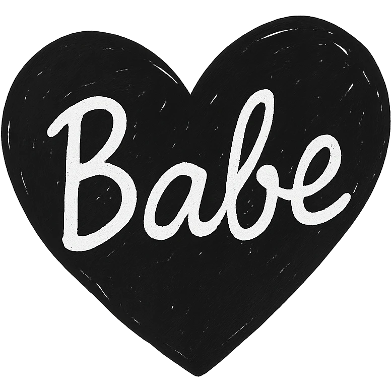 the word 'Babe' in playful white script on a black heart, hand-drawn, high contrast emoji