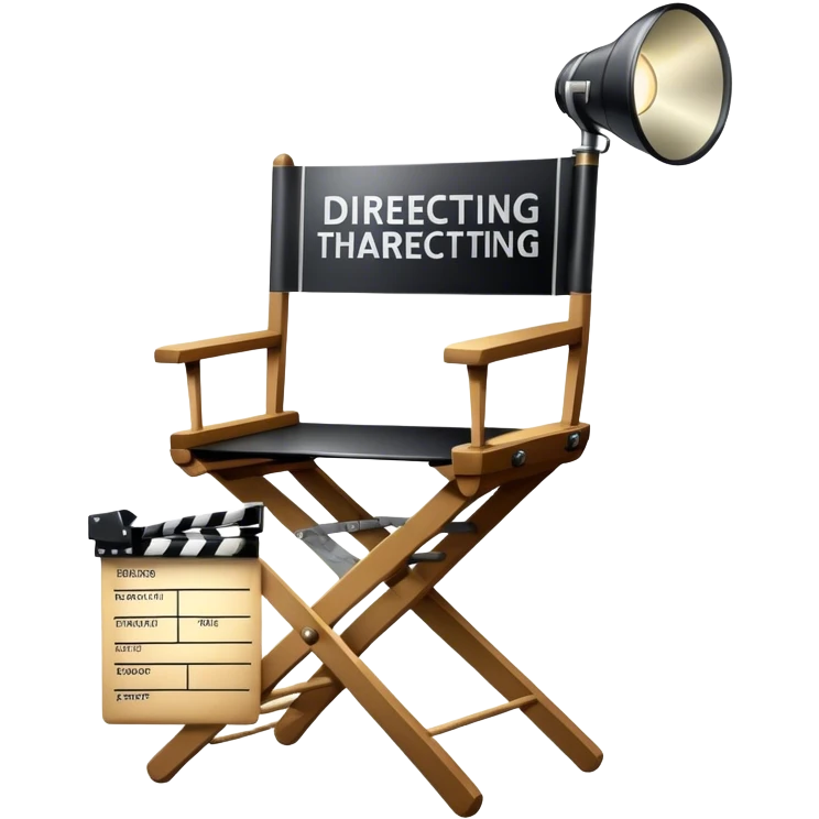 Icon for Directing: a director's chair, a film script, a clapperboard and a spotlight. The icon should represent the creative and technical aspects of directing in theater and film, with focus on storytelling and leadership. Transparent background. emoji