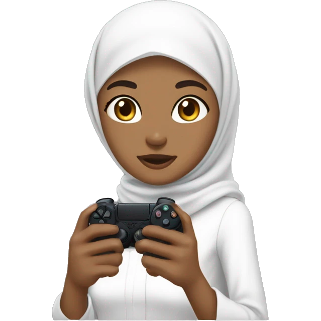 a dark olive skinned woman wearing hijab with white hijab and white long formal clothes. with black eye and big eye small nose small mouth with a bit long chin . with her nephew and niece . holding a controller playstation. emoji