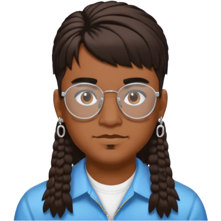 chico moreno con piercing en la ceja, pendientes, corte de pelo mullet y gafas estilo y2k emoji