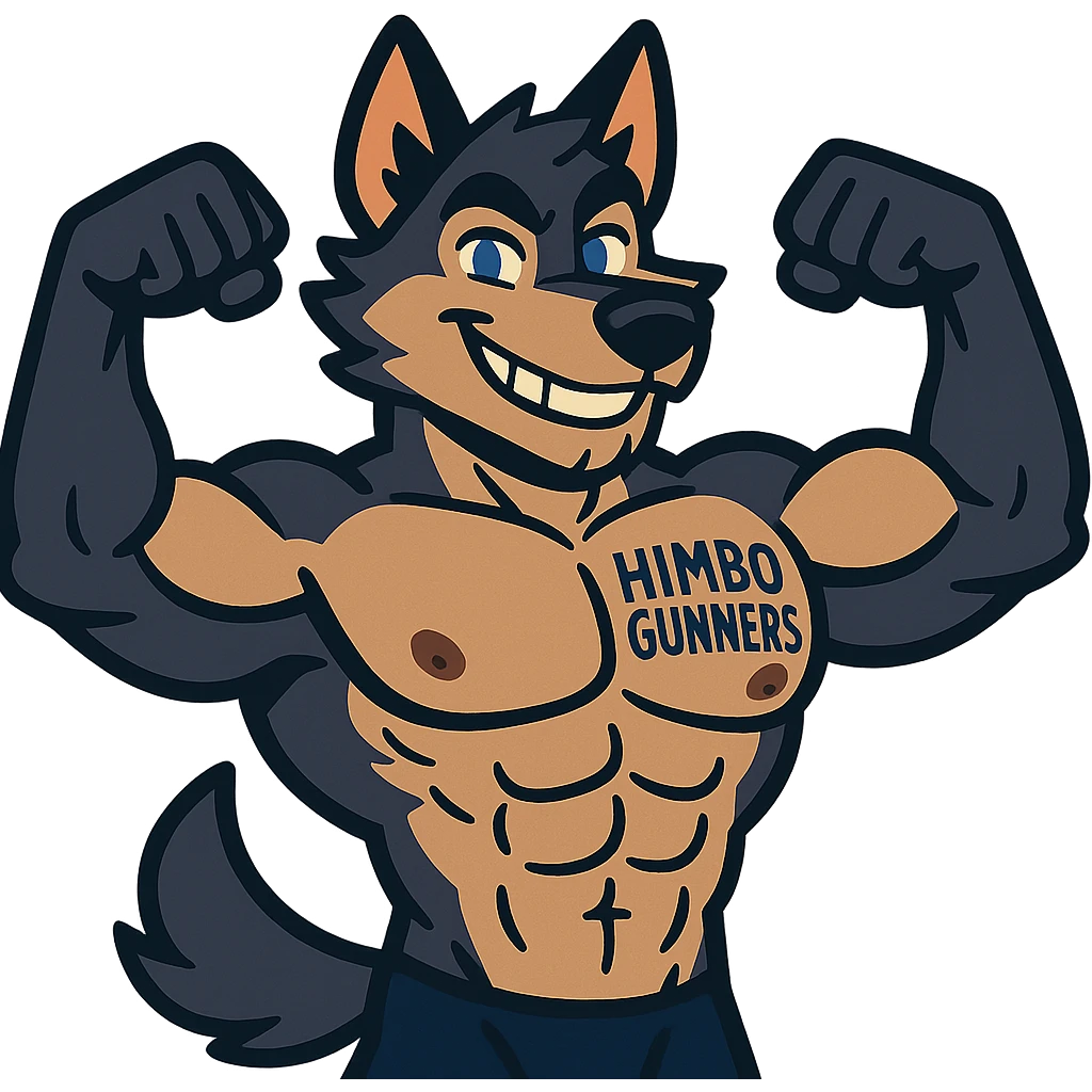 super buff and good-looking wolf furry, shirtless, with 'Himbo Gunners' tattoo on chest, flexing with both arms, charming smile, appealing features emoji