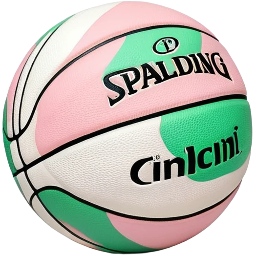 White NBA Spalding basketball with minimal pastel pink and green swirl accents emoji