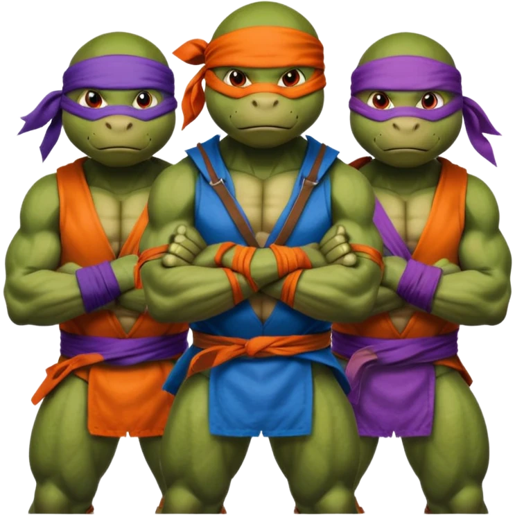 Give me a picture of 4 teenage mutant ninja turtles. Make them hold a fighting pose. Their bandana colors should be red, another orange, another purple, another blue. emoji