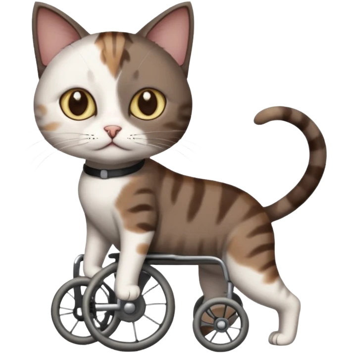 full body small short hair dark brown and white cat with hazel eyes walking in a wheelchair for cats emoji