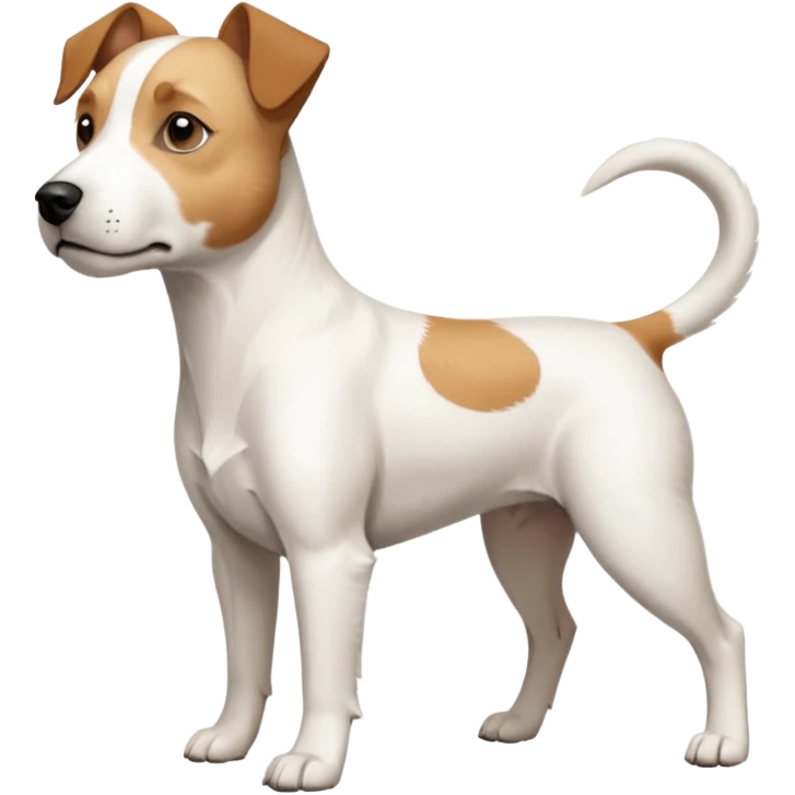 a full body facing front on of a buff white parson russell terrier looking dog the size of a kelpie with light brown long ears and a light brown patch on one eye and a large snout. the rest of the dog is completely white.  emoji