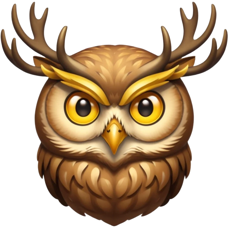 Emoji chouette perchée brun clair, yeux jaunes brillants,bois de cerf imposants sur la tête, sagesse et puissance. Avec majesté emoji