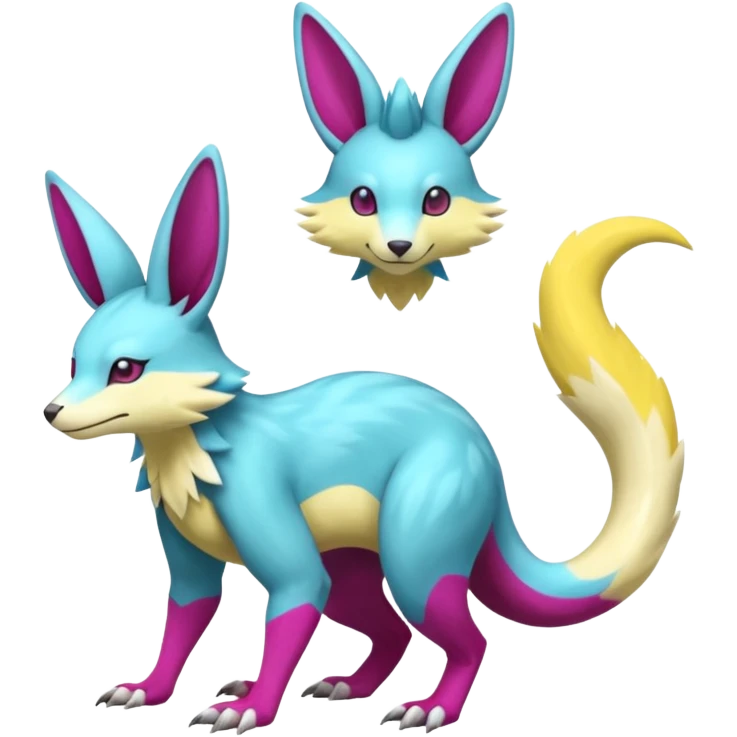 realistic Shiny smooth silky soft Cyan-Yellowish-Magenta Minccino-Zeraora-Emolga-Vernid-Sergal-fusion-hybrid-animal-creature, full body emoji
