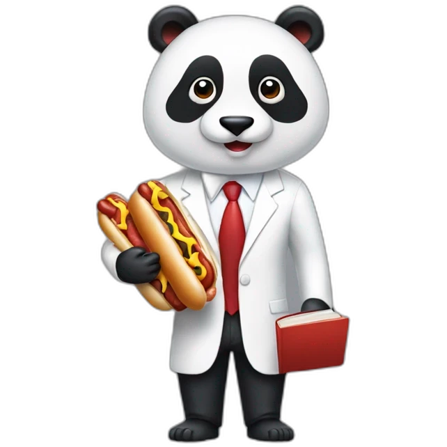 A professor with white suit and red tie and a panda face holding a hotdog and a book emoji