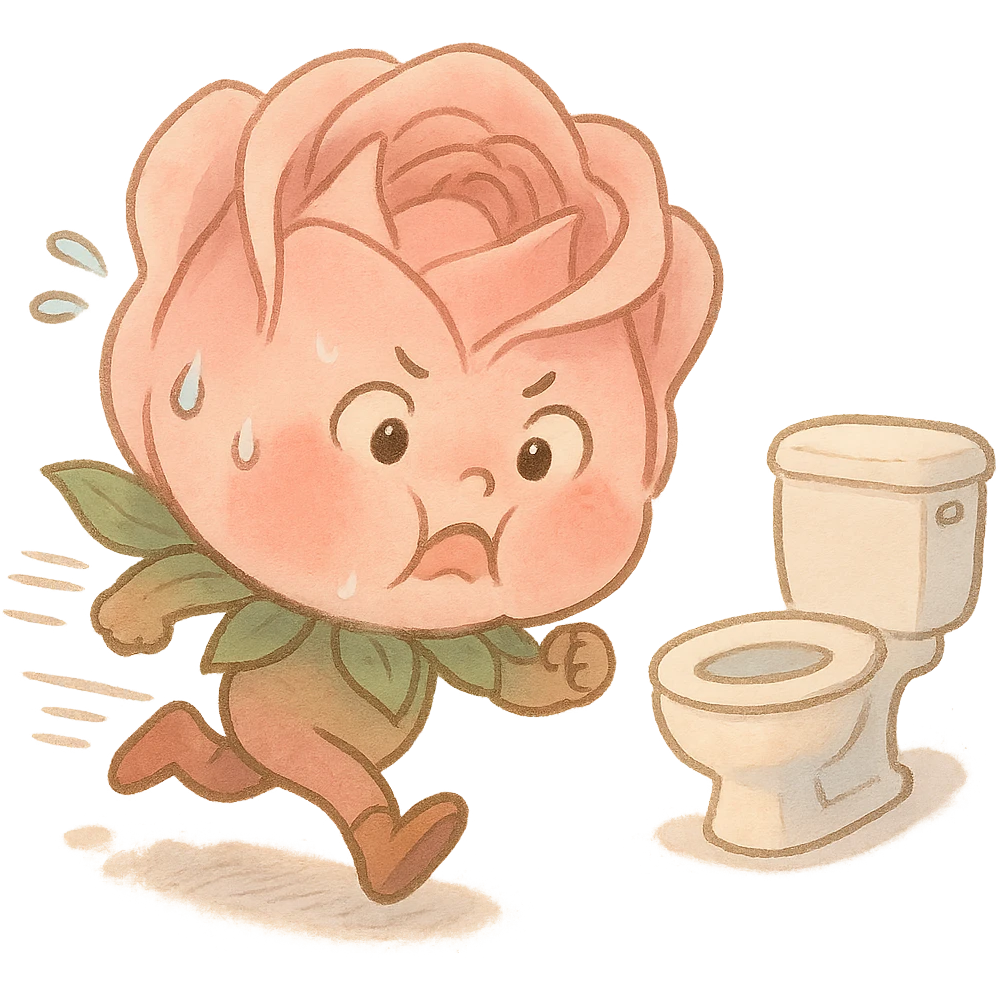 soft pink rose flower with puffed cheeks making a panicked toilet run, eyes bulging, legs dashing, pastel tones, chibi round shape, soft Ghibli style emoji