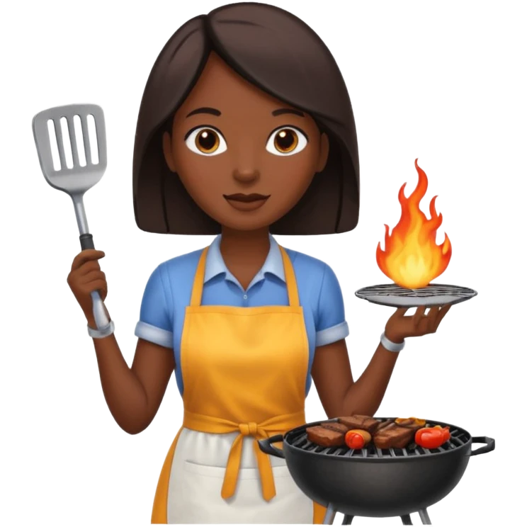 dark skin woman grilling bbq with grill and apron emoji