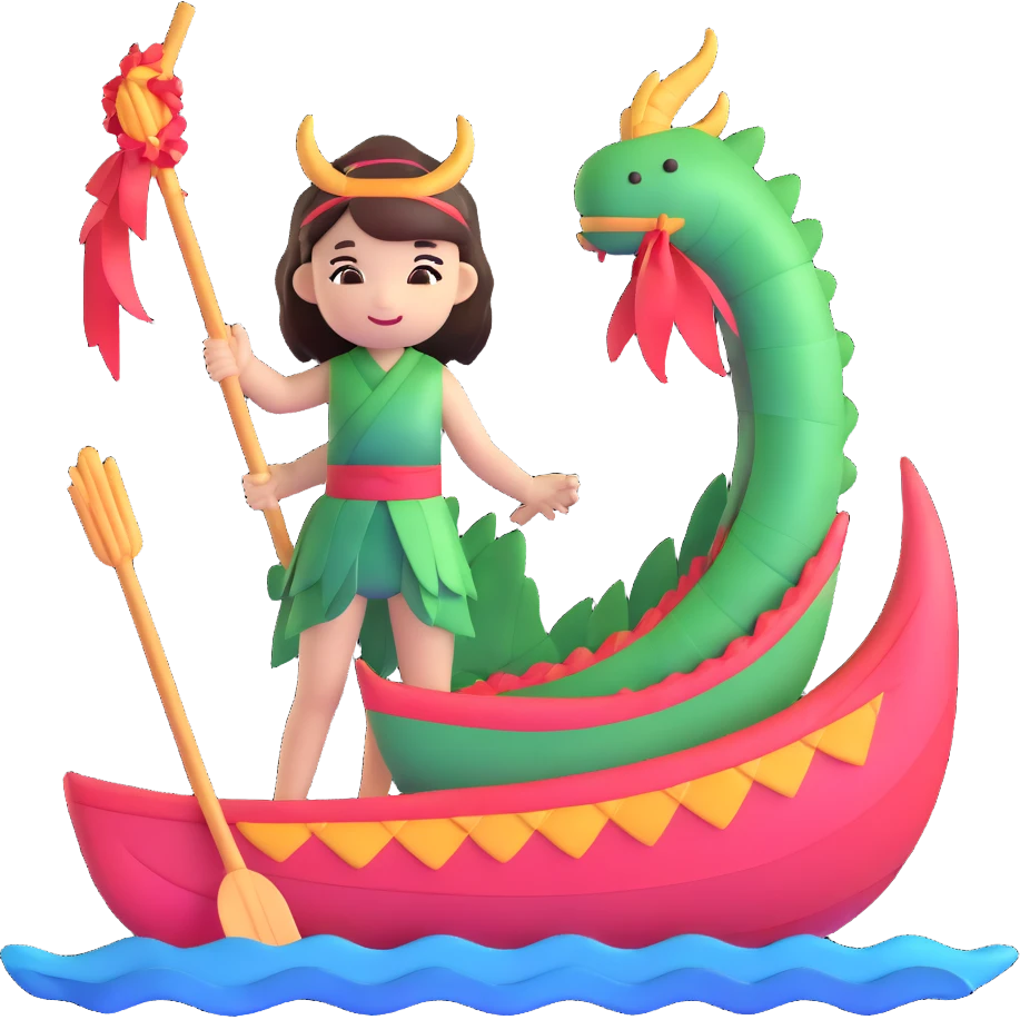 A chibi girl dressed as a dragon boat drummer, holding soft pastel drumsticks, standing in a fluffy dragon boat, colorful festival ribbons flying, sparkles and cute mini fish swimming below, soft pastel colors, watercolor texture, transparent background emoji