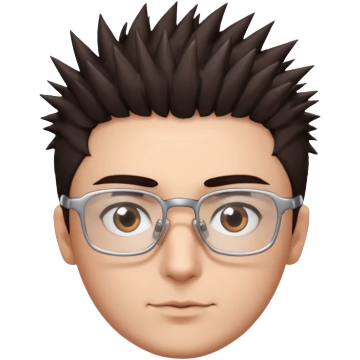 personagem com corte de cabelo espetadinho curto indo até o pescoço, cabelo castanho escuro, olho castanho escuro, sombrancelha castanho escuro, óculos sem aro prata quadrado. rosto fino emoji