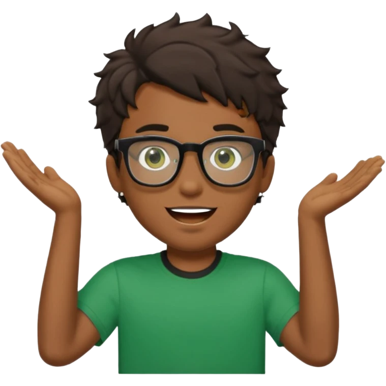 Garçon brun avec des cheveux ondulés courts, peu un peu claire, des yeux verts foncés, un t shirt noir et des lunettes rectangulaires transparentes qui est fou emoji