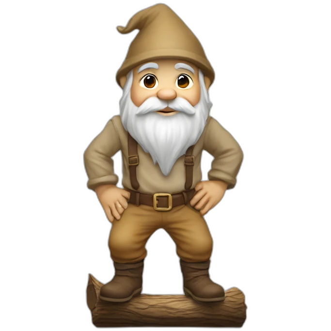 side view of gnome with light tan pants and light tan boots squatting above small brown log emoji