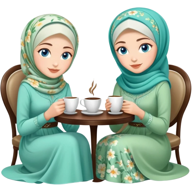 Turkish beautiful finish Konya girls blue eyes with Beautiful light green floral hijab long tail dress and the two friends in a white lovely coffeehouse sits on the chair on the ground and holds cup coffe with her hand  emoji