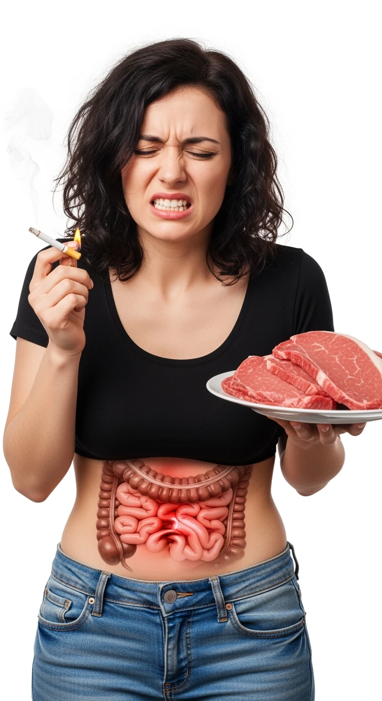 UNA DONNA REALISTICA CON UNA SIGARETTA IN MANO E UN PIATTO PIENO DI CARNE SIMMENTAL NELL'ALTRA MANO, INTESTINO ANATOMICO INFIAMMATO VISIBILE, MAL DI PANCIA, ISOLATA SU SFONDO BIANCO, IPERREALISTICA 4K emoji