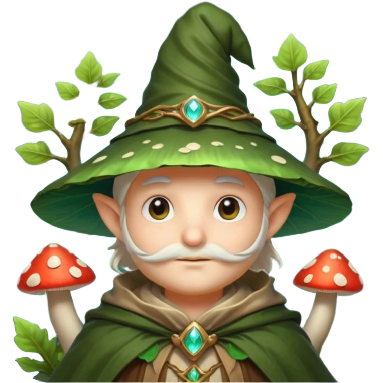 mushroom wizard portrait, head and shoulders only, glowing spores, leafy cloak collar, magical eyes, cute fantasy style, 3D cartoon, mobile game icon style, clean background, no text, no watermark

 emoji