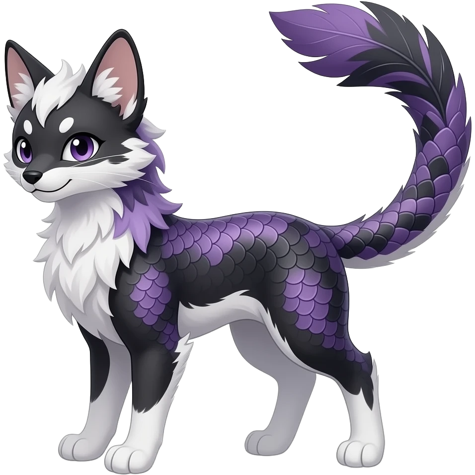 Quatrefoil-patterned Slim stylish feather-maned elegant realistic Asian Furry, feathery fluffy tropical flecked painted feathery scaly, Purple, white, black, Minccino-Bambino-Lykoi-Linoone-Zangoose-fusion-hybrid-animal-Fakémon-creature, full body, thin long sleek scaly tail, intricate markings emoji