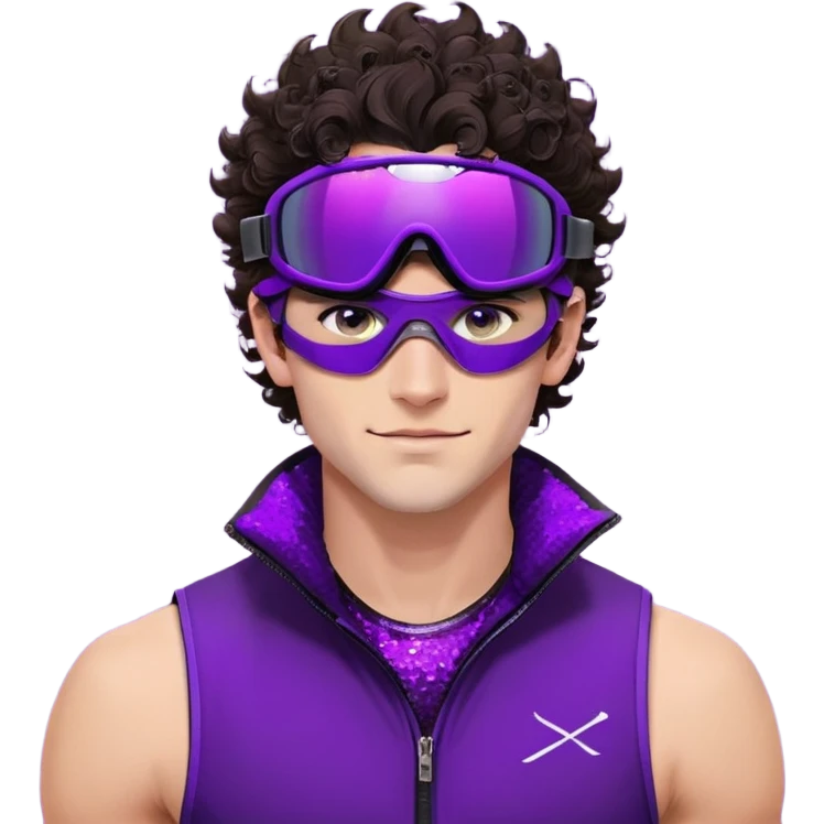 close-up of cool guy male athlete with white skin and moderately curly dark brown hair on top with shaved sides, with one purple ski goggle lens pushed up above his eyes on his forehead, with an arrogant smug smirk on his face, wearing only a plain black chain necklace around his neck, and a completely unzipped sleeveless vest with purple and black sequin fire pattern design with no logo, clearly showing he is shirtless underneath with exposed chest and abs emoji