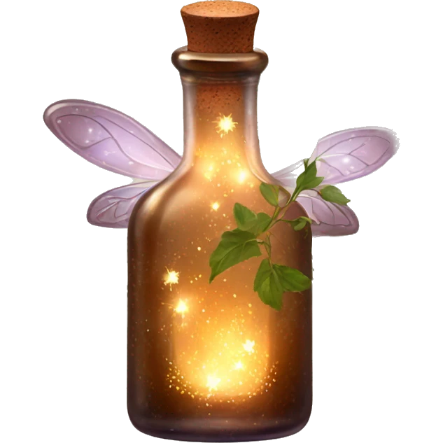 Brown magic fairy light sparkling old Antique bottle with poison and with herbal and flowers emoji