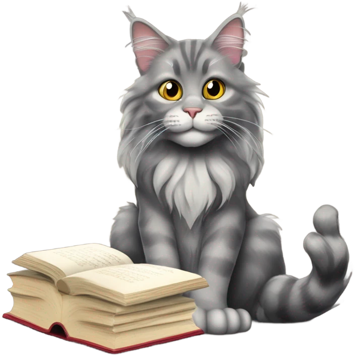 Grey Main coon Reading a book and drinking a wine emoji