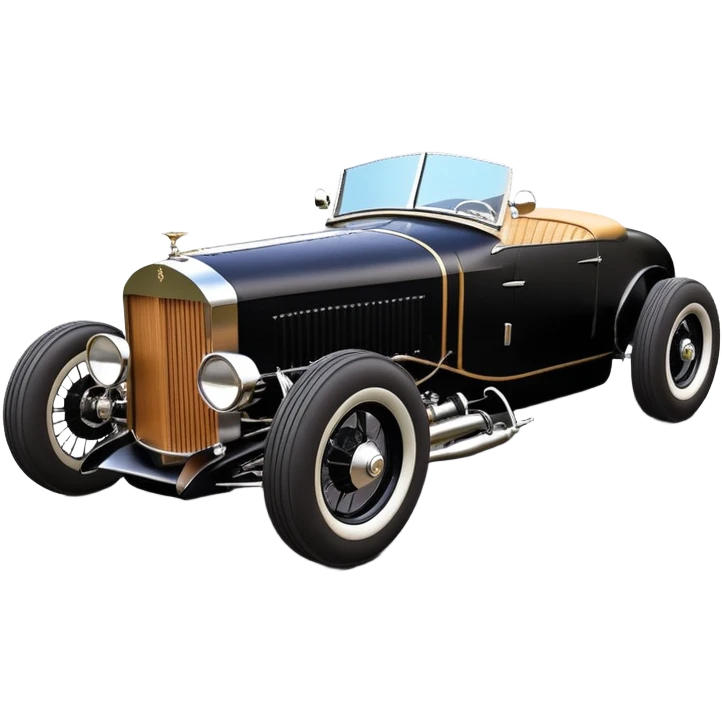 Batgirl’s black Bare bones (lowered cowl) drag racing modified (fenders removed) chopped streamlined sporty roadster that is a (stripped down) hot street rodded engine sports car 1932 Rolls Royce Woody futuristic  wide racing wheels that are held strong by advanced suspension and steering emoji