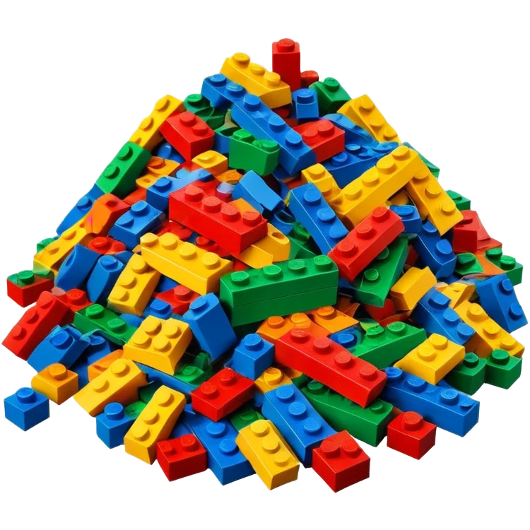A photorealistic icon featuring a pile of colorful LEGO bricks scattered together in a messy heap. The design includes bright, detailed textures of the individual bricks, capturing the playful and creative essence of LEGO building. Transparent background, symbolizing LEGO construction. emoji