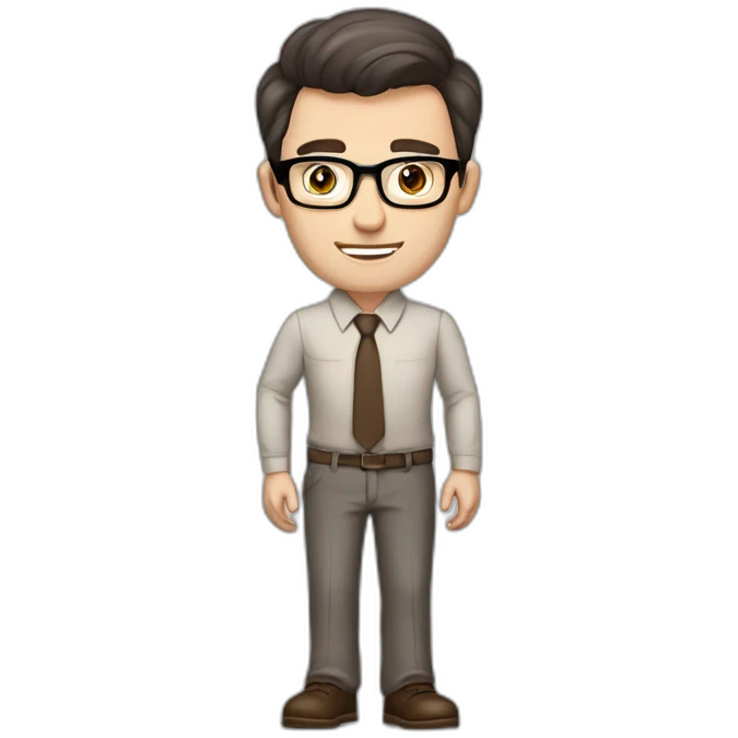Pale skinned fit man with dark brown hair in gray jacket, beige office shirt, brown tie, brown pants and vintage glasses Writing on the flipchart emoji