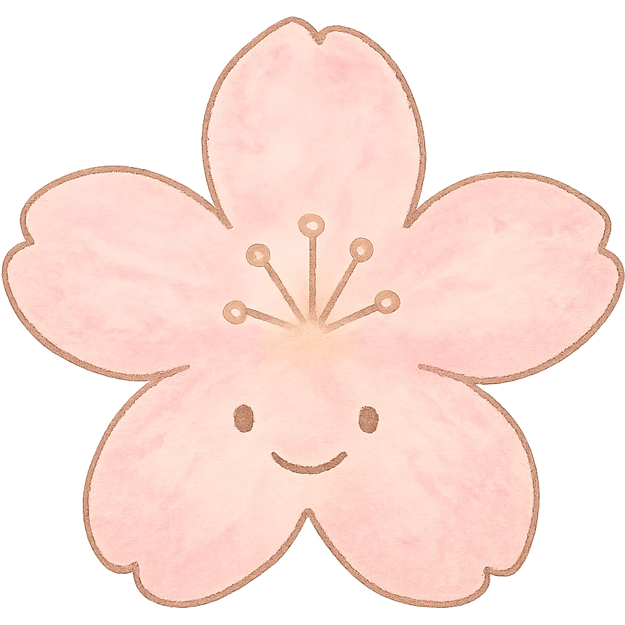 single soft pastel sakura blossom, Japanese hand-drawn kawaii, full object, transparent background, with a gentle smile emoji