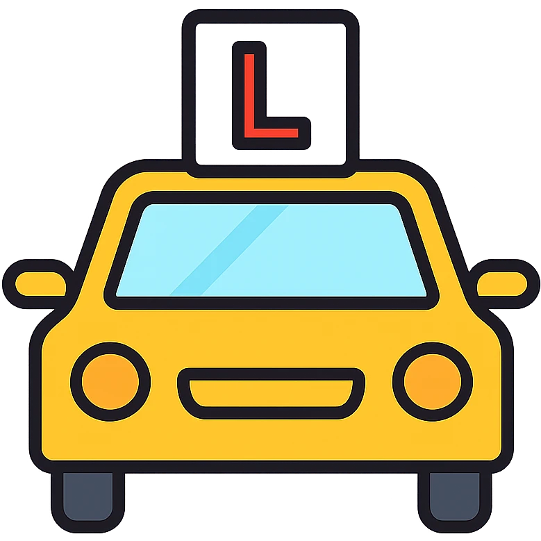 yellow car with a learner sign, simple and clear, modern icon style emoji