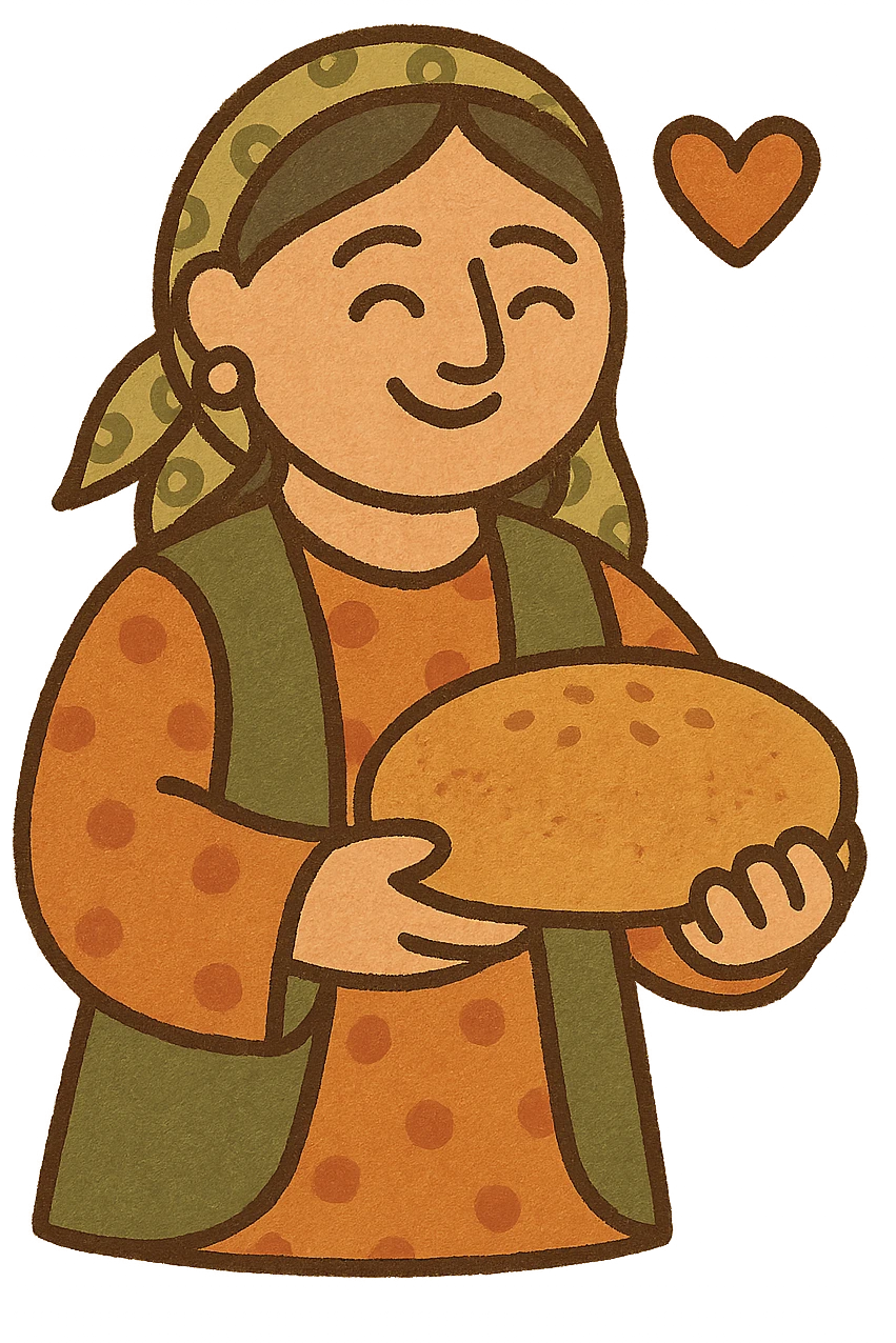 Kurdish sticker, hospitality, cartoon style, Kurdish woman in colorful dress offering bread, cheerful, heart symbol, suitable for social media emoji