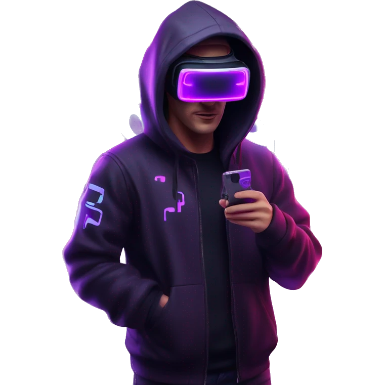 Russian man wearing a black hoodie with "OMG" letters on it and VR headset in a cyberpunk VR environment with violet neon lighting. emoji