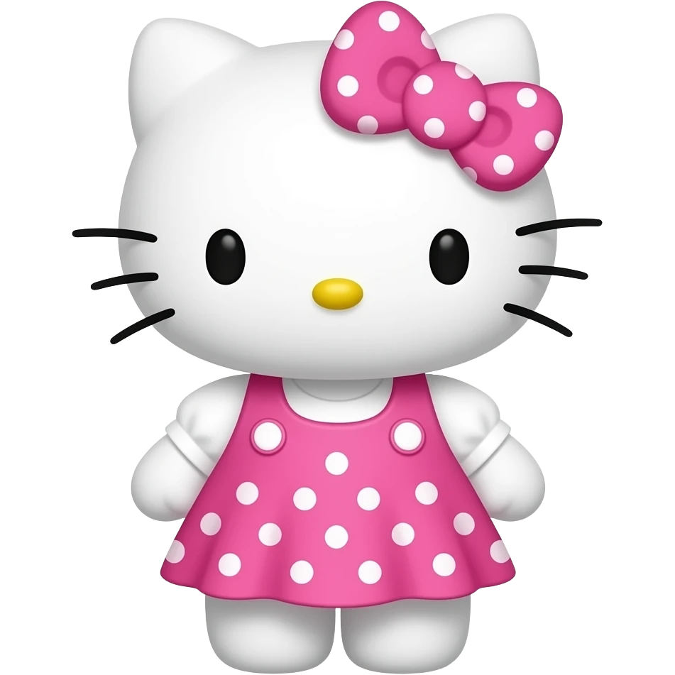 hello kitty wearing pink with white polka dots skirt and a white shirt with a pink with white polka dots bow emoji