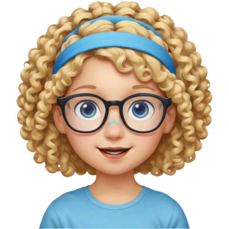 blond kid with unique face features and very curly hair kid girl happy and big glasess and big nose and very blue eyes and headband with freckles kind of nerd looking emoji